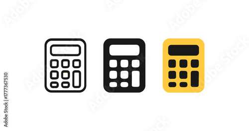 Set of minimalist calculator icons in outline, solid, and color styles