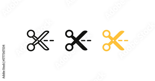 Set of scissors icons in linear, solid, and colorful styles with dashed lines