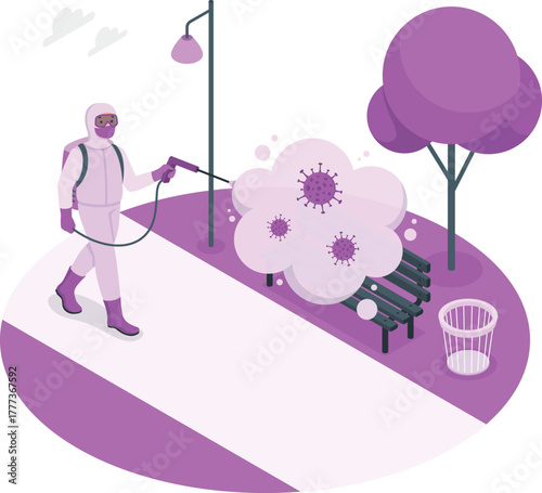 Person in hazmat suit disinfecting park bench from viruses disinfection spraying