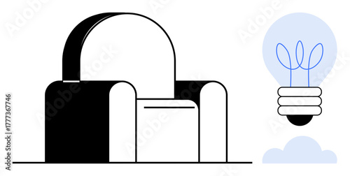 Modern armchair in minimal design beside eco-themed light bulb with plant elements, blending comfort and sustainability. Ideal for eco-design, innovation, interior decor, creativity, sustainability