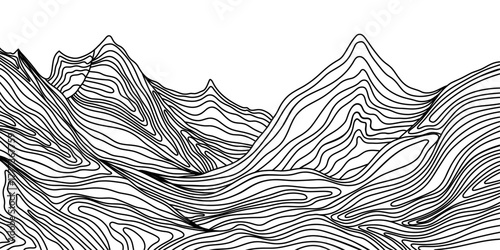 Abstract topographic mountain landscape made of contour lines. Simple minimalist wave pattern. Hand drawn graphic line art. 