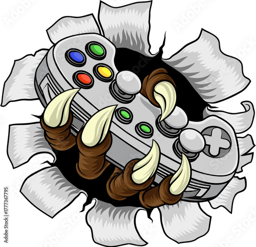 A video gamer game gaming controller claw of an eagle or animal monster hand holding games control sports illustration