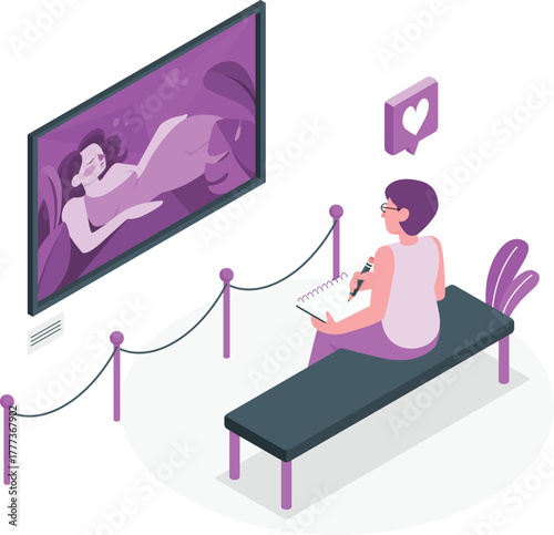 Person observing art in a museum and taking notes gallery painting