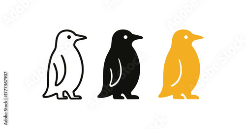 Minimalist penguin icons in black, white, and yellow silhouettes