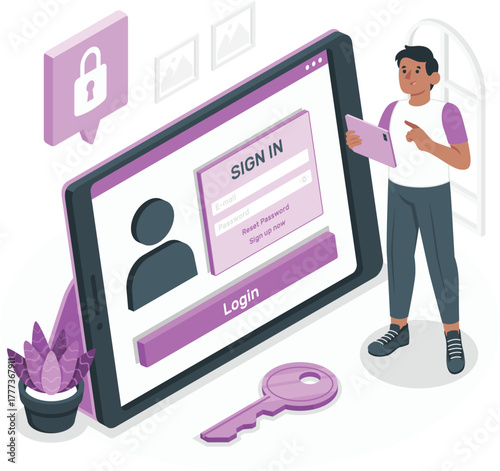 Person Logging into Tablet with Security Icons Keywords: login, sign in, tablet, screen, user