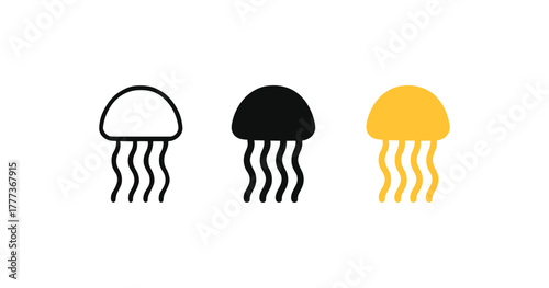 Minimalist jellyfish icons: white, black, gold silhouettes on white background