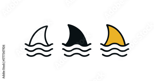 Minimalist shark fin icons with waves in black, white, and yellow