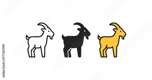 Minimalist goat icons in trio of styles: outline, solid, color