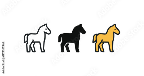 Minimalist horse icons in linear art style featuring white, black, and yellow horses