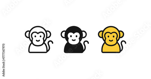 Cute monkey icons in simple line art style featuring white, black, and yellow variants