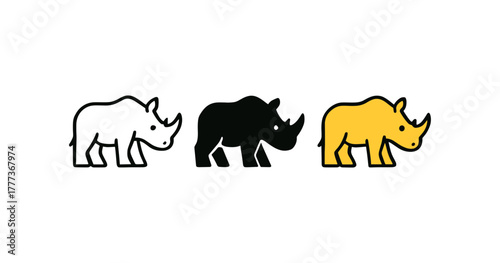 Modern linear rhinoceros trio in monochrome and yellow design
