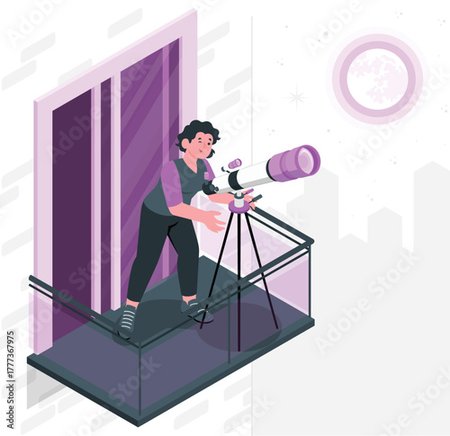Person observing moon through telescope on balcony astronomy stargazing