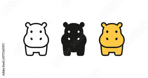 Minimalist hippo icons set in black, white, and yellow