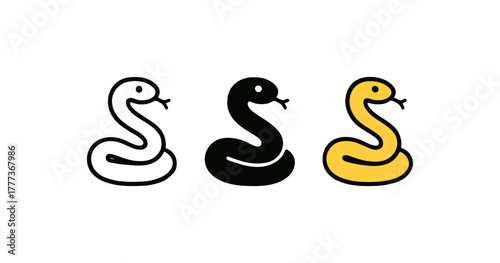 Trio of minimalist cartoon snakes in black, white, and yellow