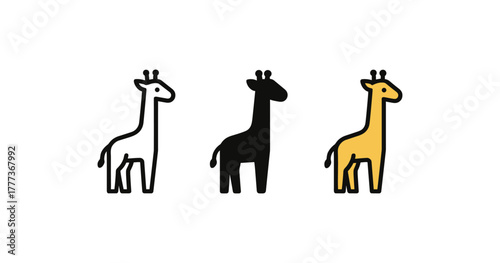 Flat minimalist giraffe icons in black, white, and yellow variations