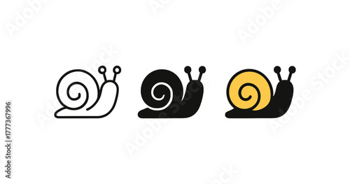 Minimalist set of snail icons in linear, silhouette, and flat styles