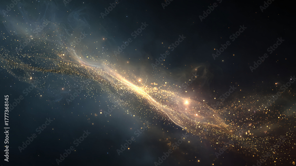 Fototapeta premium A mesmerizing depiction of celestial bodies floating across space, showcasing a bright and shining glow. The cosmic background accentuates the beauty of the particles, creating an unforgettable image.