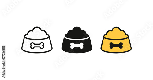 Colorful pet food bowl icons with bone detail in simple style