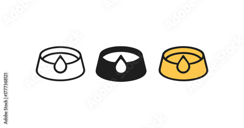 Pet water bowl icons in flat, silhouette, and outline styles