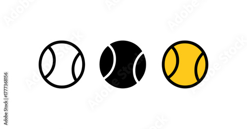 Minimalistic tennis ball icons in trio: white, black, yellow