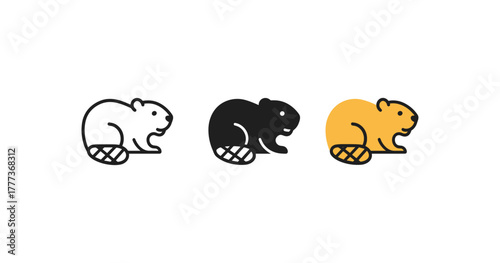 Beaver silhouette icon set in flat design - black, white, orange variations