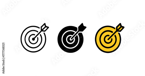 Icon set of target signs with arrow in black, white, and yellow variations