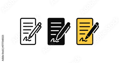 Document icon set with pen in outline, solid, and color styles