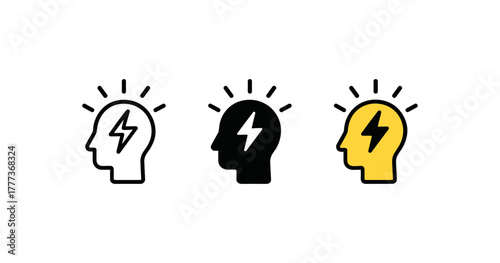Brainstorming concepts with linear icon set featuring lightning in human heads
