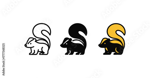Minimalist skunk icons in trio of styles: simple, bold, and colorful
