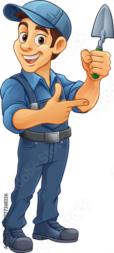 A brick layer mason builder cartoon man holding a masonry trowel and pointing