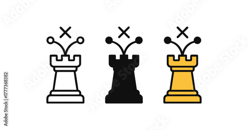 Chess rook outline icon set with antenna elements