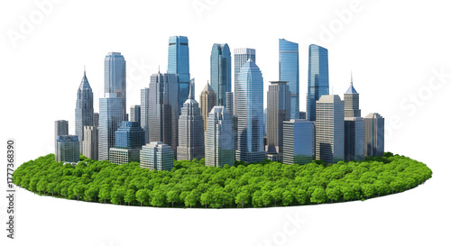 City skyline on a green island isolated on transparent background