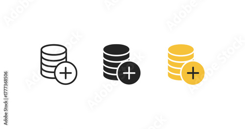 Money stack icons with plus sign in linear, solid, and color variants