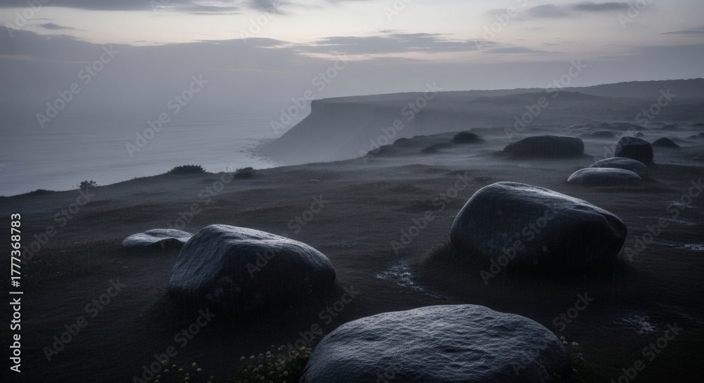 Obraz premium A rugged coastal scene with large stones, mist, and a distant headland under a cloudy sky