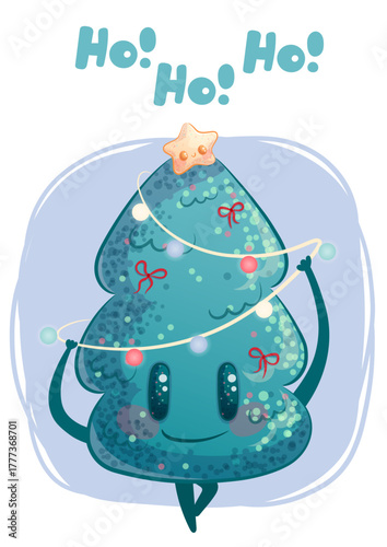 Christmas, New Year greeting card design template. Cute Christmas tree decorated with a garland. A smiling character. Children's vector cartoon illustration for the design of postcard, poster, banner