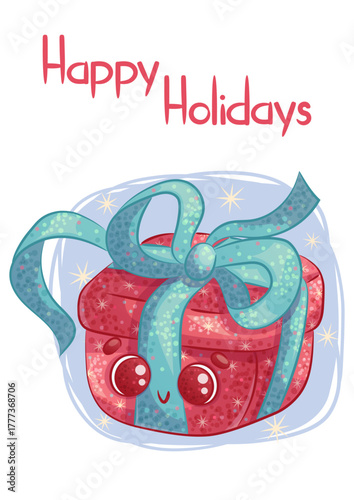 Christmas and New Year greeting card design template. Nice gift box. A smiling character. Children's vector cartoon illustration for the design of postcards, posters, banners