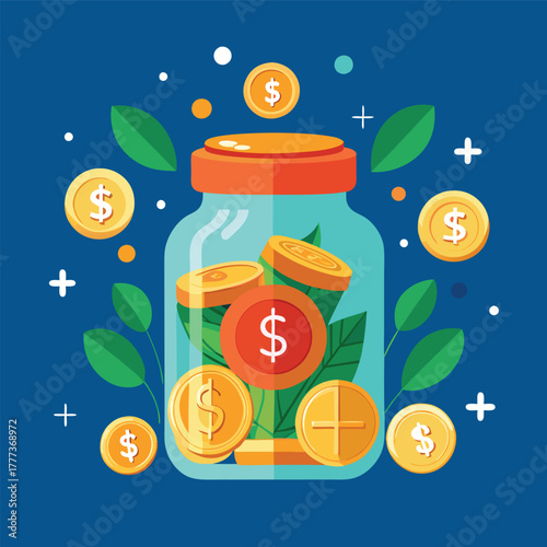 Savings Jar With Gold Coins Illustration for Finance, Wealth, and Investment Concepts