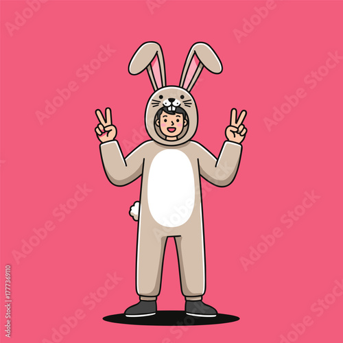 Cartoon of a smiling person wearing a bunny kigurumi, giving double peace signs on pink.