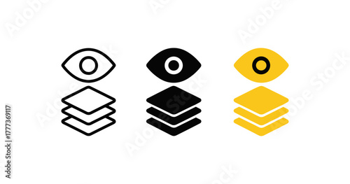 Layered eye icons in monochrome and yellow variants for interface design