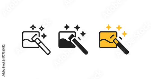 Image editing icon set with magic wand and stars in minimalist style