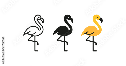 Trio of flamingo designs: outline, solid, and colorful illustrations