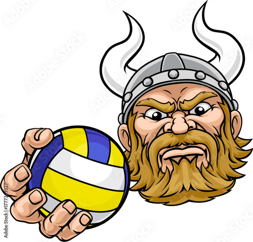 A Viking man holding Volleyball ball sports team cartoon charcater mascot illustration.