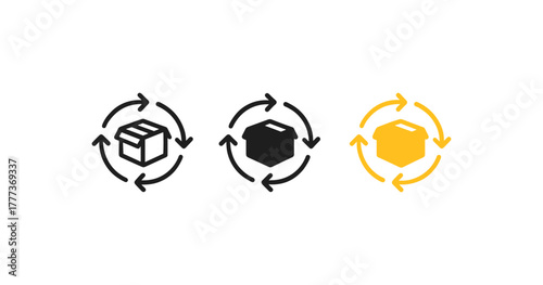 Recycling icon set with three box designs featuring arrows and circular arrows