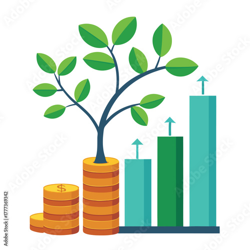 Tree and Bar Chart Illustration Symbolizing Financial Growth, Investment Progress, and Wealth Creation