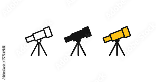 Minimalist telescope icons set featuring white, black, and yellow designs