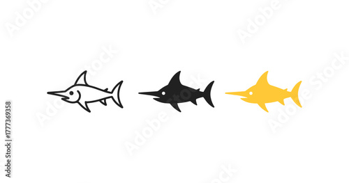 Swordfish icons in minimalist style with three color variations