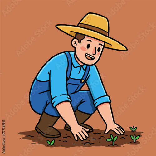 Happy cartoon farmer in overalls and hat crouching and planting small seedlings in the soil.