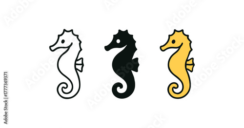 Minimalist seahorse design in monochrome and yellow variations