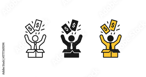 Business success icon set with person celebrating money from a box in three styles