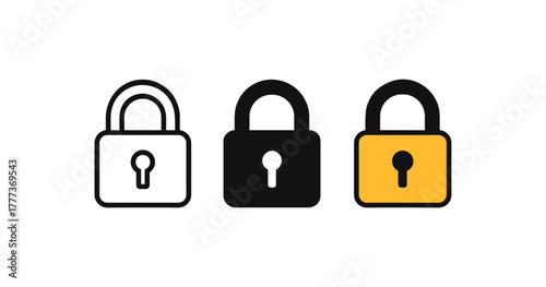 Minimalist lock icons in black, white, and yellow with outlined and filled styles